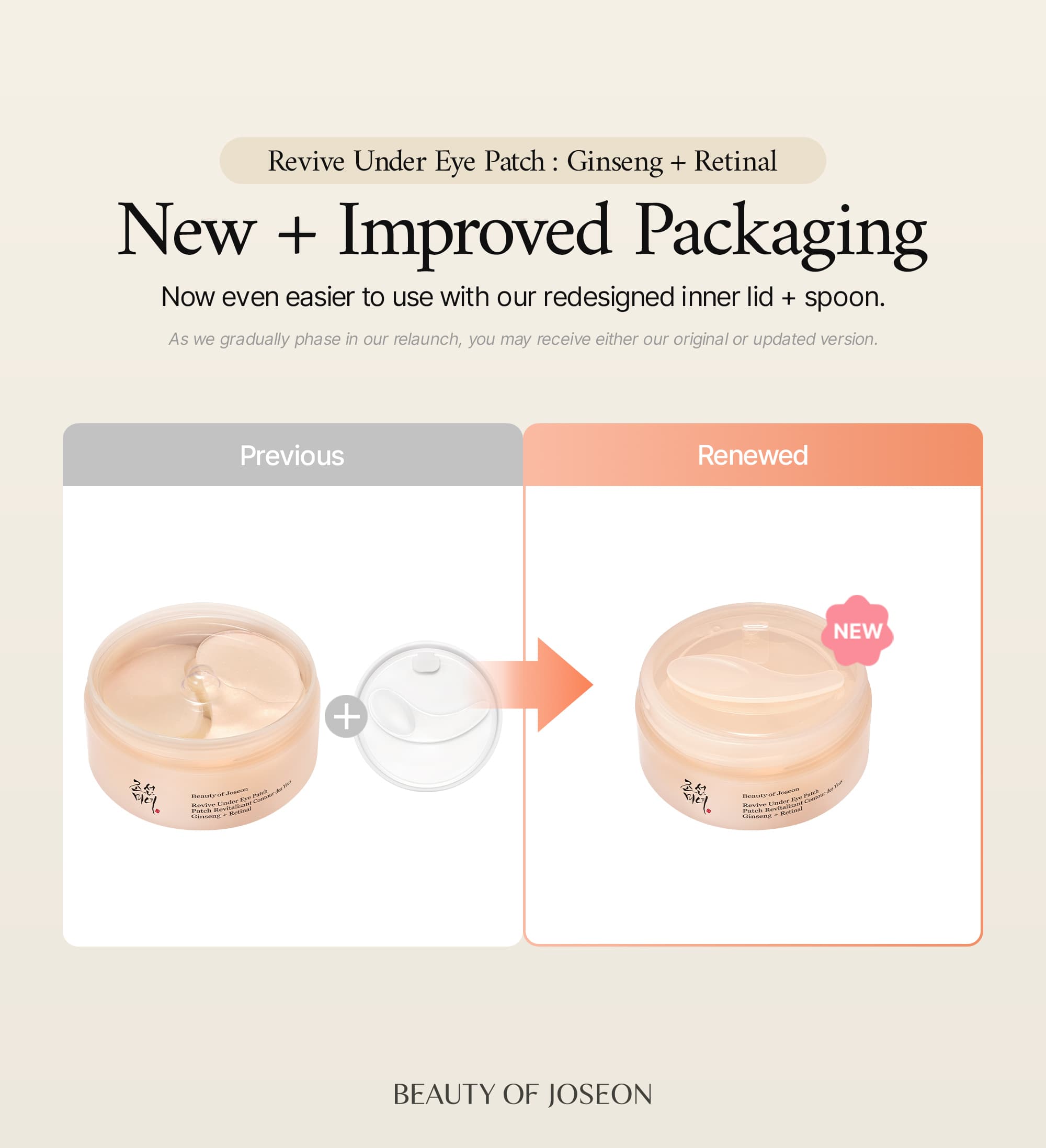 Promotional graphic for a skincare eye patch jar showing a comparison between the previous and renewed packaging. The text reads 'Revive Under Eye Patch: Ginseng + Retinal' and 'New + Improved Packaging,' with a before-and-after layout.