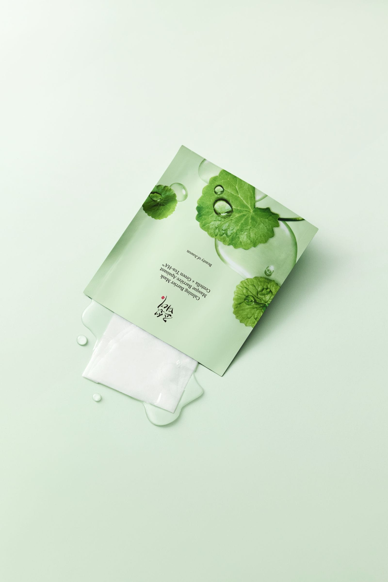 A flat sheet mask packet with green leaf illustrations lies on a pale mint green background, with a small portion of the white mask sheet visible at the bottom.