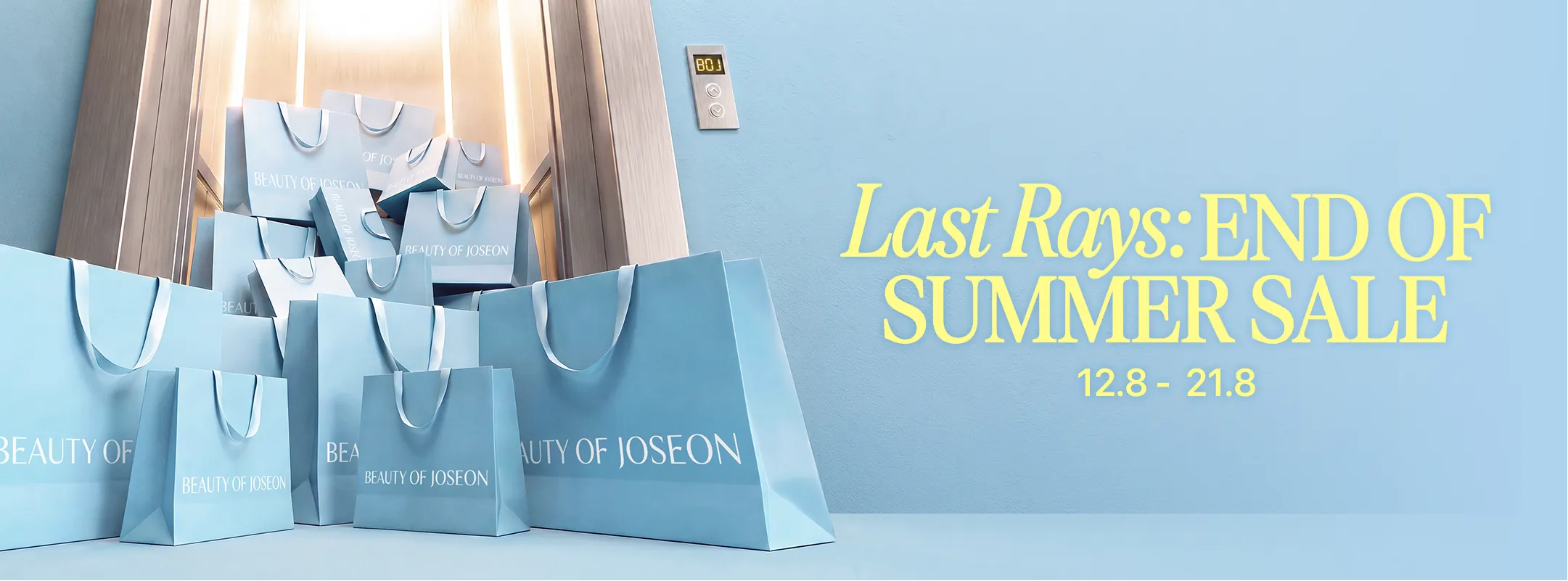 A promotional banner for Last Rays End of Summer Sale, featuring multiple light blue shopping bags with 'BEAUTY OF JOSEON' printed on them against a light blue background with yellow text.